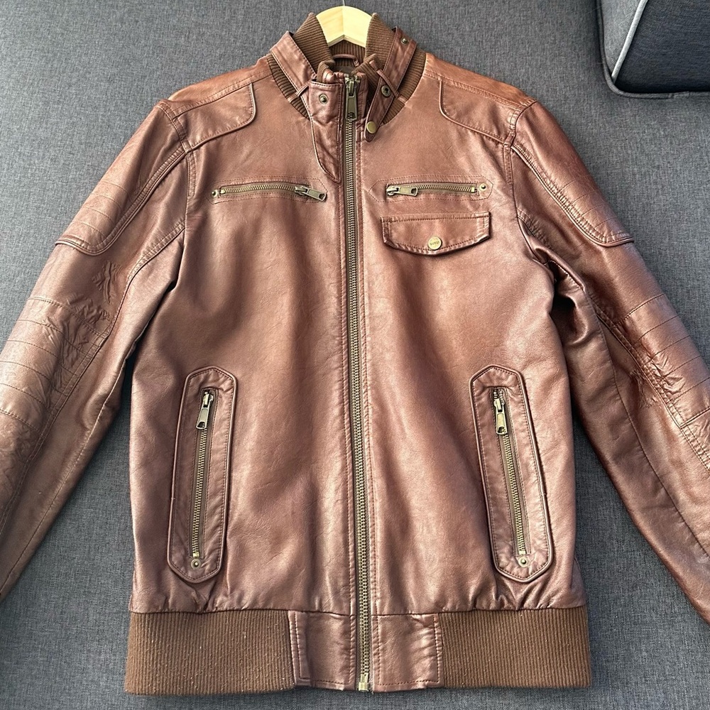 Guess Men's Brown faux-leather Bomber Jacket
